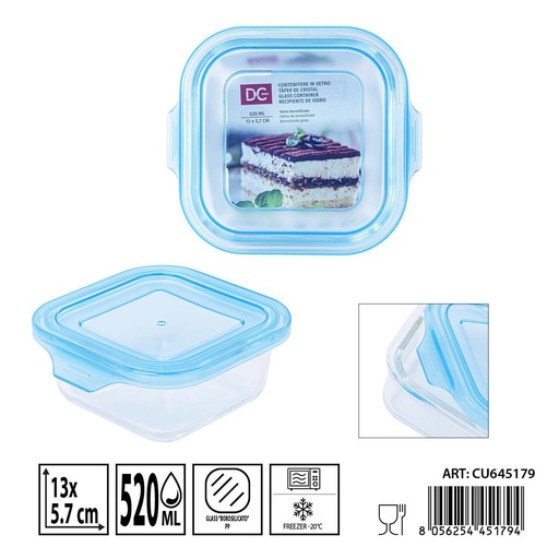 [0238478] Táper de cristal cuadrado 520ml 13x13x5.7cm - Recipientes de almacenamiento en vidrio