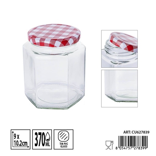 [0236246] Bote hexagonal de vidrio con tapa 370ml - Envases de almacenamiento decorativos