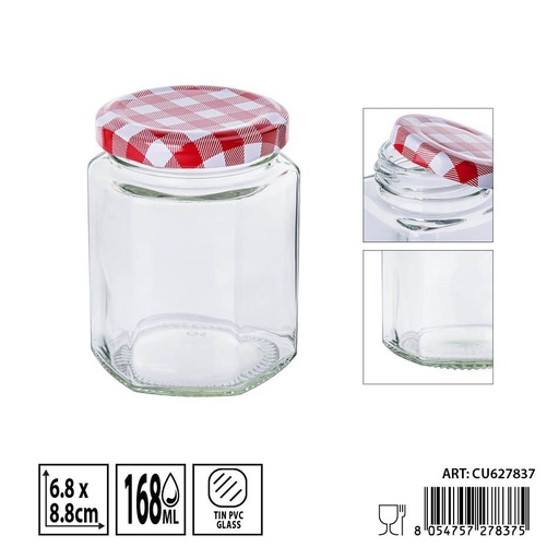 [0236244] Bote hexagonal de vidrio con tapa 168ml - Envases de almacenamiento decorativos