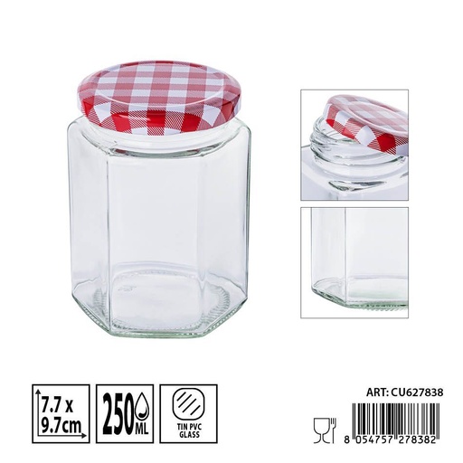 [0236245] Bote hexagonal de vidrio con tapa 250ml - Envases de almacenamiento decorativos