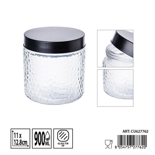 [0236325] Tarro de vidrio con tapa negra 900ml - Envases de almacenamiento elegantes