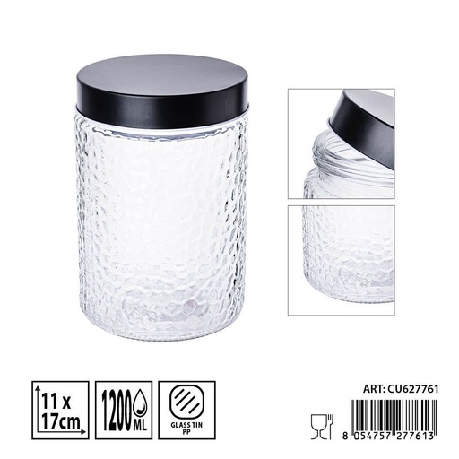 [0236324] Tarro de vidrio con tapa negra 1.2L - Envases de almacenamiento elegantes