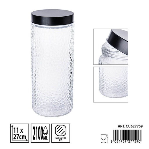 [0236322] Tarro de vidrio con tapa negra 2.1L - Envases de almacenamiento elegantes