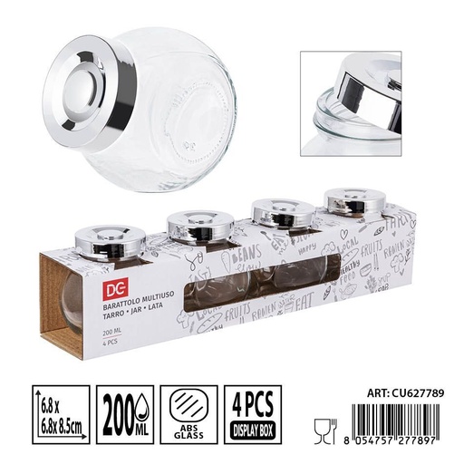 [0236278] Set de tarros de cristal 4 pzs 200 ml 6.8x6.8x8.5 cm - Envases de vidrio para cocina