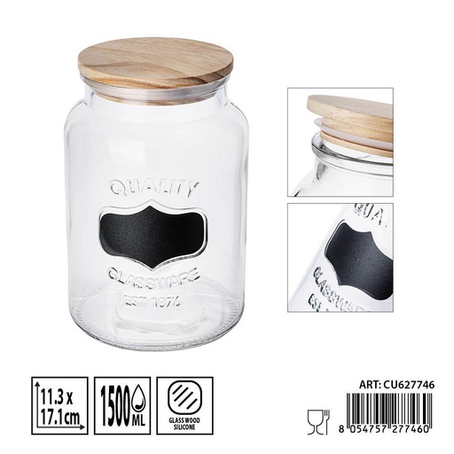 [0236309] Bote de cristal con tapa de madera 1500ml 11.3x11.3x17.1 cm - Utensilios de almacenamiento