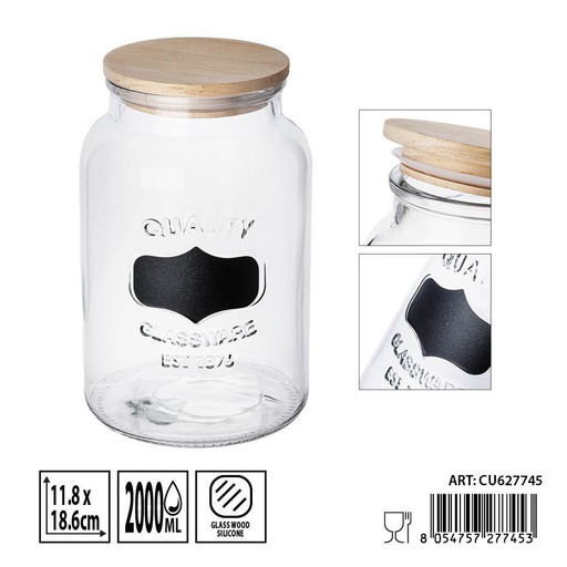 [0236308] Bote de cristal con tapa de madera 2L - Envases de almacenamiento elegantes