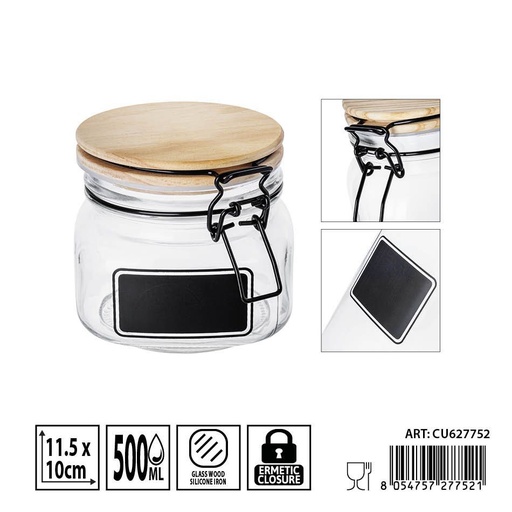 [0236315] Bote de cristal hermético con tapa de madera 500ml - Envases de almacenamiento seguros