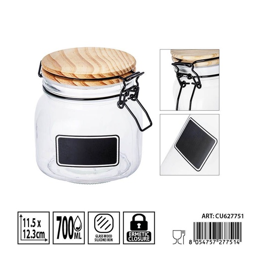 [0236314] Bote de cristal hermético con tapa de madera 700ml - Envases de almacenamiento seguros