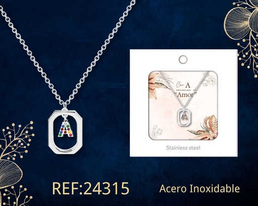 [24315] Collar letra A de acero plateado con caja - Joyería y accesorios