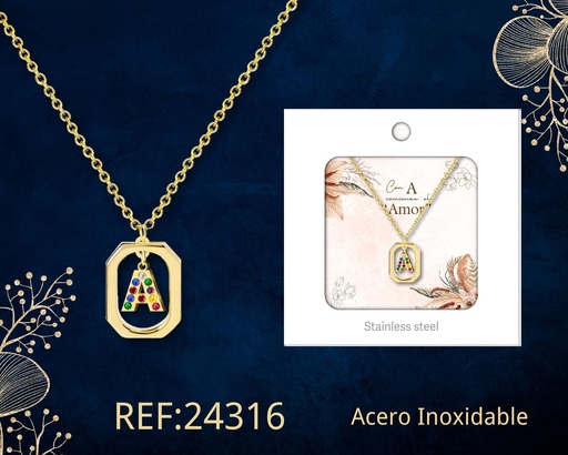 [24316] Collar letra A de acero dorado con caja - Joyería y accesorios