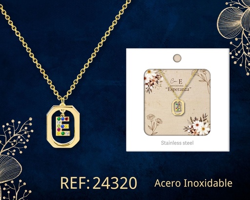 [24320] Collar letra E de acero dorado con caja - Joyería y accesorios