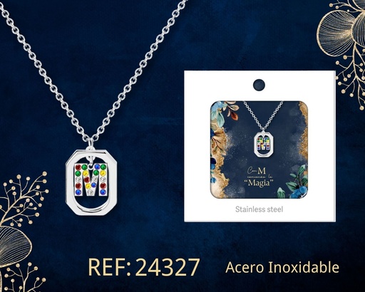 [24327] Collar letra M de acero plateado con caja - Joyería y accesorios