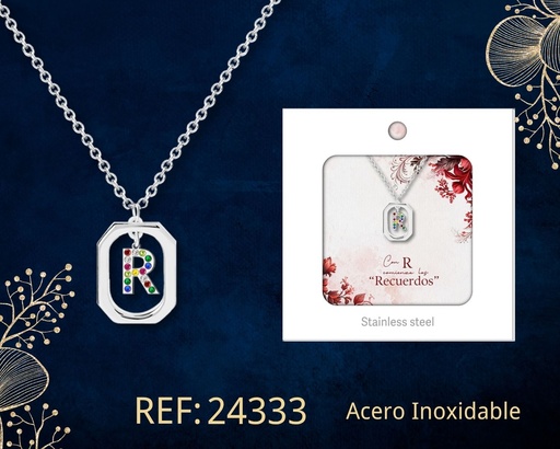 [24333] Collar letra R de acero plateado con caja - Joyería y accesorios