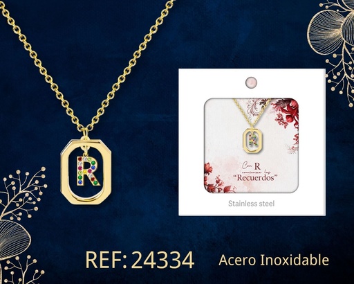 [24334] Collar letra R de acero dorado con caja - Joyería y accesorios