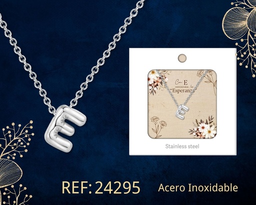 [24295] Collar letra E de acero plateado con caja - Joyería y accesorios