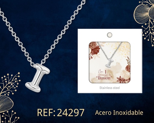 [24297] Collar letra I de acero plateado con caja - Joyería y accesorios