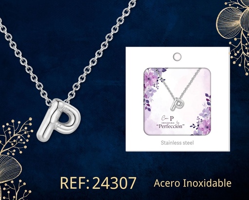 [24307] Collar letra P de acero plateado con caja - Joyería y accesorios
