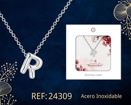 [24309] Collar letra R de acero plateado con caja - Joyería y accesorios