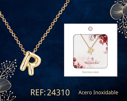 [24310] Collar letra R de acero dorado con caja - Joyería y accesorios