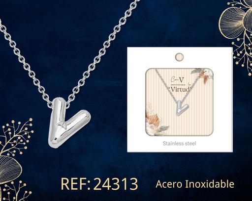 [24313] Collar letra V de acero plateado con caja - Joyería y accesorios