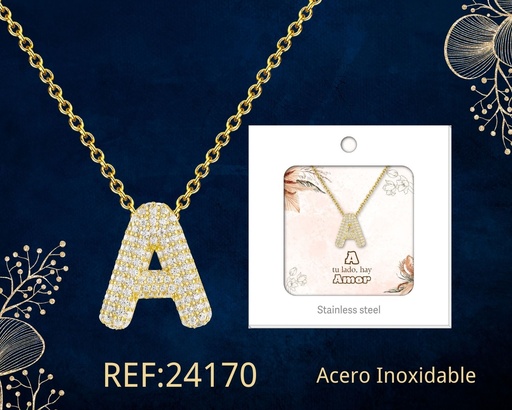 [24170] Collar letra A con circonita de acero color dorado - Joyería y accesorios