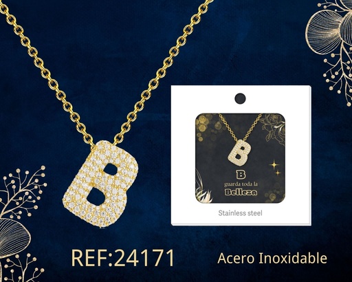 [24171] Collar letra B con circonita de acero color dorado - Joyería y accesorios