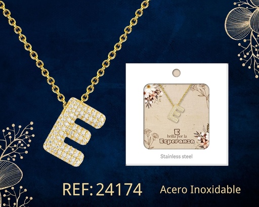 [24174] Collar letra E con circonita de acero color dorado - Joyería y accesorios
