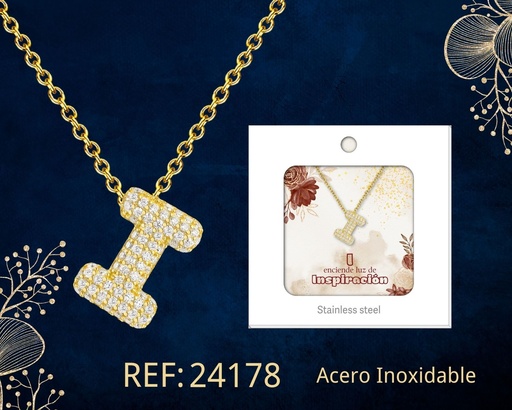 [24178] Collar letra I con circonita de acero color dorado - Joyería y accesorios