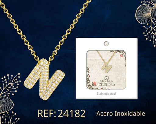 [24182] Collar letra N con circonita de acero color dorado - Joyería y accesorios
