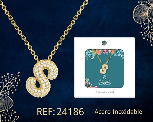 [24186] Collar letra S con circonita de acero color dorado - Joyería y accesorios