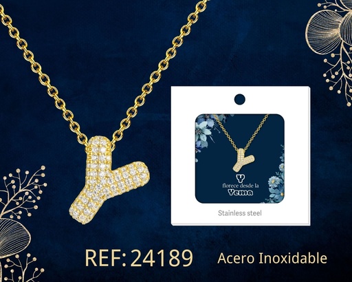 [24189] Collar letra Y con circonita de acero color dorado - Joyería y accesorios