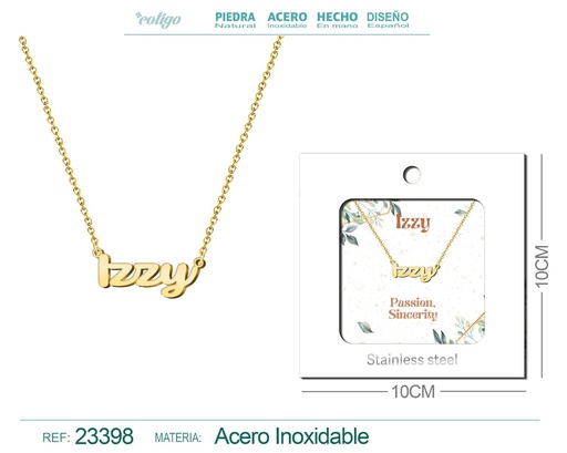 [23398] Collar de acero con nombre "Izzy" en inglés con sobre - Joyería personalizada