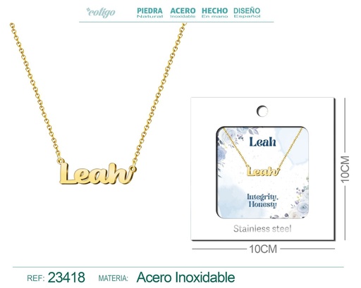 [23418] Collar de acero con nombre "Leah" en inglés con sobre - Joyería personalizada