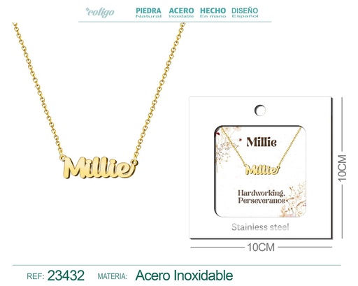 [23432] Collar de acero con nombre "Millie" en inglés con sobre - Joyería personalizada