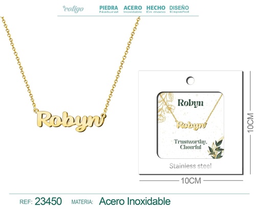 [23450] Collar de acero con nombre "Robyn" en inglés con sobre - Joyería personalizada