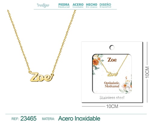 [23465] Collar de acero con nombre "Zoe" en inglés con sobre - Joyería personalizada