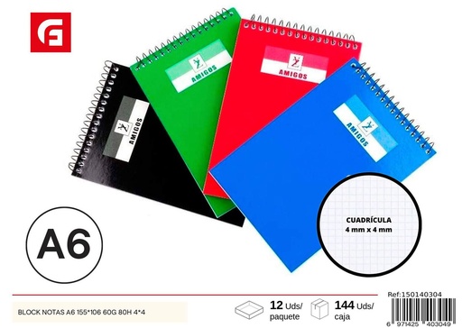 [150140304] Block de notas A6 155*106 60g 80h 4x4 - Papelería y útiles escolares