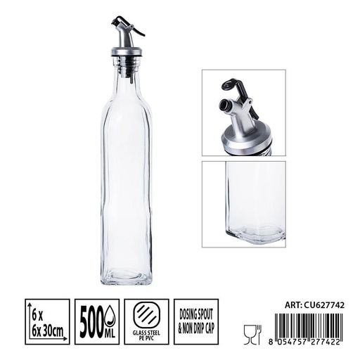 [0236305] Aceitera de cristal con tapón 6x6x30 cm 500 ml - Botellas de vidrio para aceites