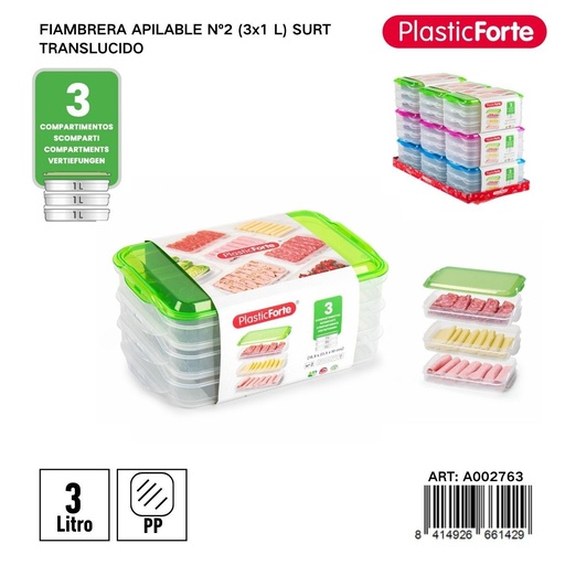 [A002763] Set de fiambreeras apilables nº2 (3x1 L) surtido translúcido - Envases para llevar comida