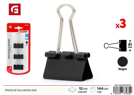 [154487935] Pinzas de pala negras 3 unidades - Utensilios para oficina y clips
