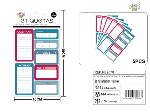 [PE2878] Etiqueta autoadhesiva de organización 5 hojas 10x19 cm - Material de oficina práctico