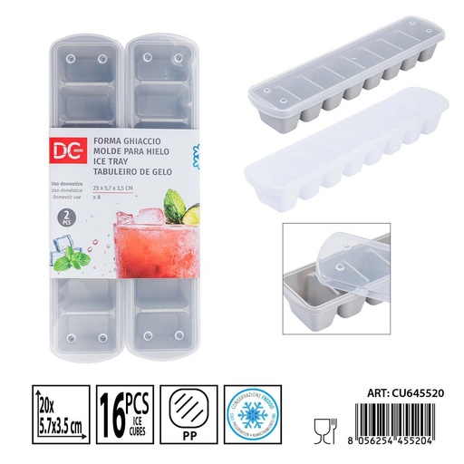 [0240194] Kit de 2 moldes para hielo 8 cubitos con tapa 25X5.7X3.5CM - Moldes para hielo y cocteles