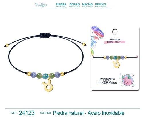 [24123] Pulsera de piedra natural con colgante Tauro en acero dorado - Joyería zodiacal