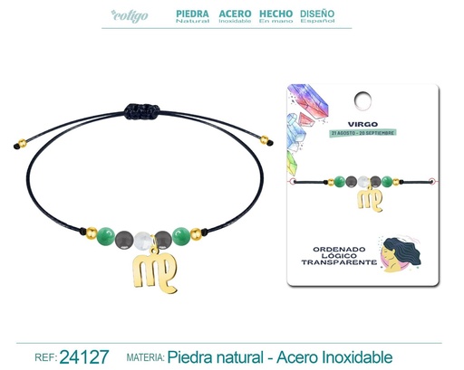 [24127] Pulsera de piedra natural con colgante Virgo en acero dorado - Joyería zodiacal