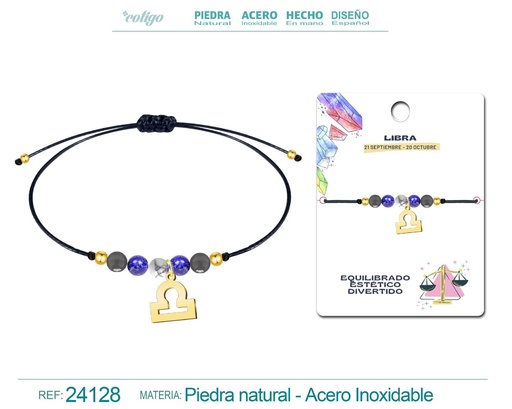 [24128] Pulsera de piedra natural con colgante Libra en acero dorado - Joyería zodiacal