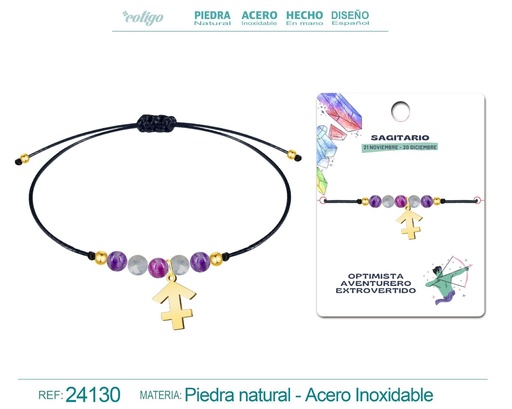 [24130] Pulsera de piedra natural con colgante Sagitario en acero dorado - Joyería zodiacal