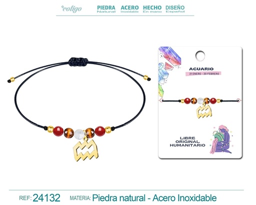 [24132] Pulsera de piedra natural con colgante Acuario en acero dorado - Joyería zodiacal