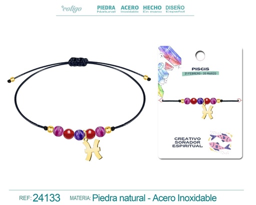 [24133] Pulsera de piedra natural con colgante Piscis en acero dorado - Joyería zodiacal