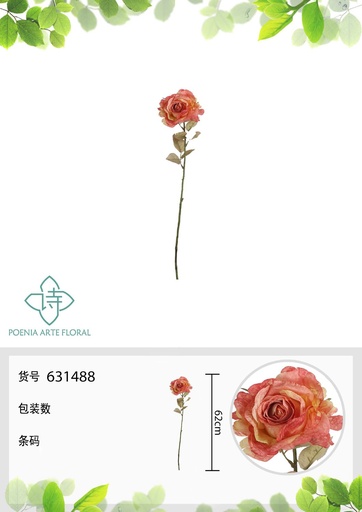 [631488-3NARANJA] Rama de flores artificiales con rosa grande sola 62 cm - Decoración floral