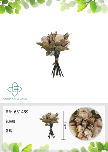 [631489-1BLANCO] Rama de flores artificiales con 12 cabezas de rosa alemana de otoño 31 cm - Decoración floral